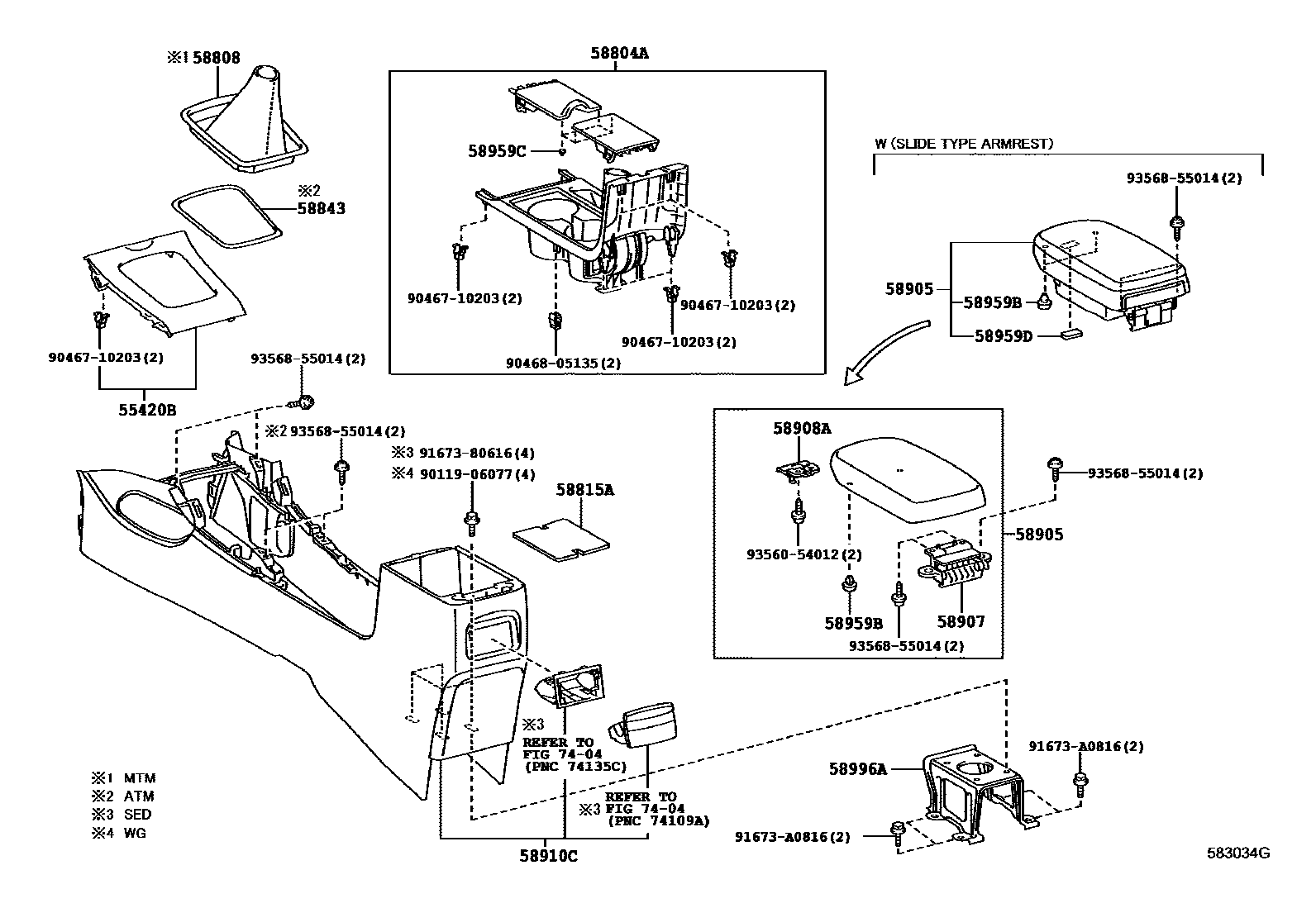 Toyota COROLLA 中央扶手箱和支架 EPC diagram — 583034G