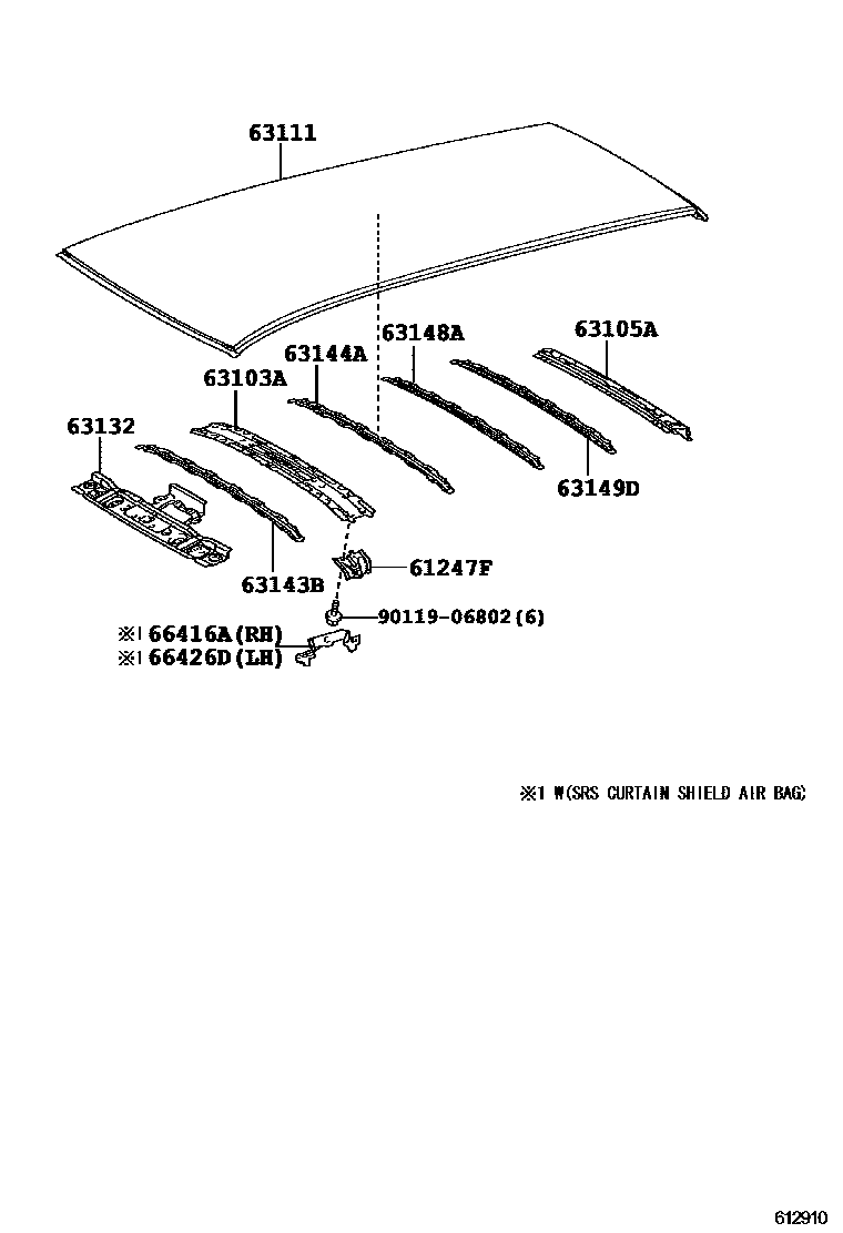 Toyota COROLLA 天窗板和背窗玻璃 EPC diagram — 612910