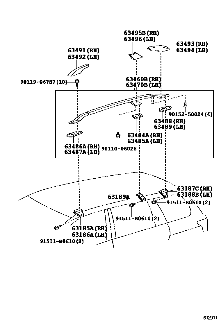 Toyota COROLLA 天窗板和背窗玻璃 EPC diagram — 612911