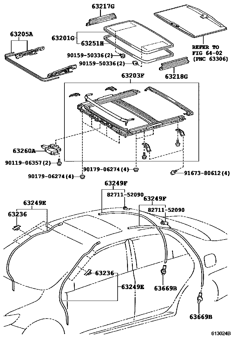 Toyota COROLLA 天窗板和背窗玻璃 EPC diagram — 613024B