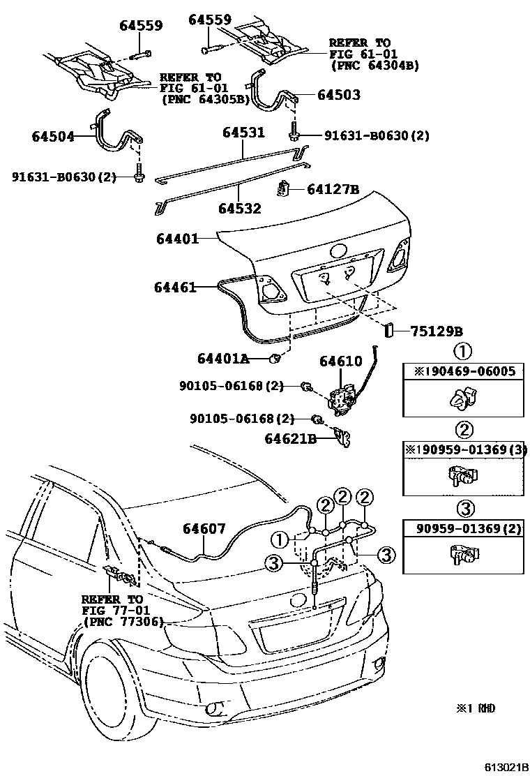 Toyota COROLLA 行李箱门和行李箱锁 EPC diagram — 613021B