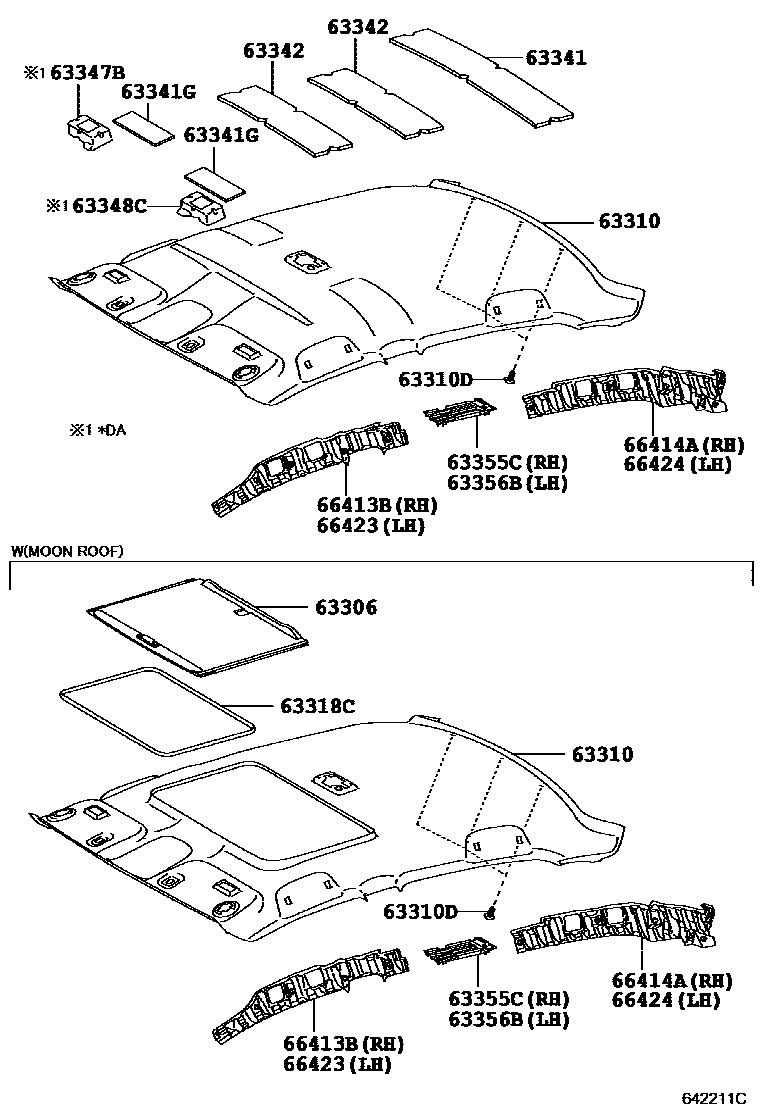 Toyota COROLLA 车顶内衬和消声垫 EPC diagram — 642211C