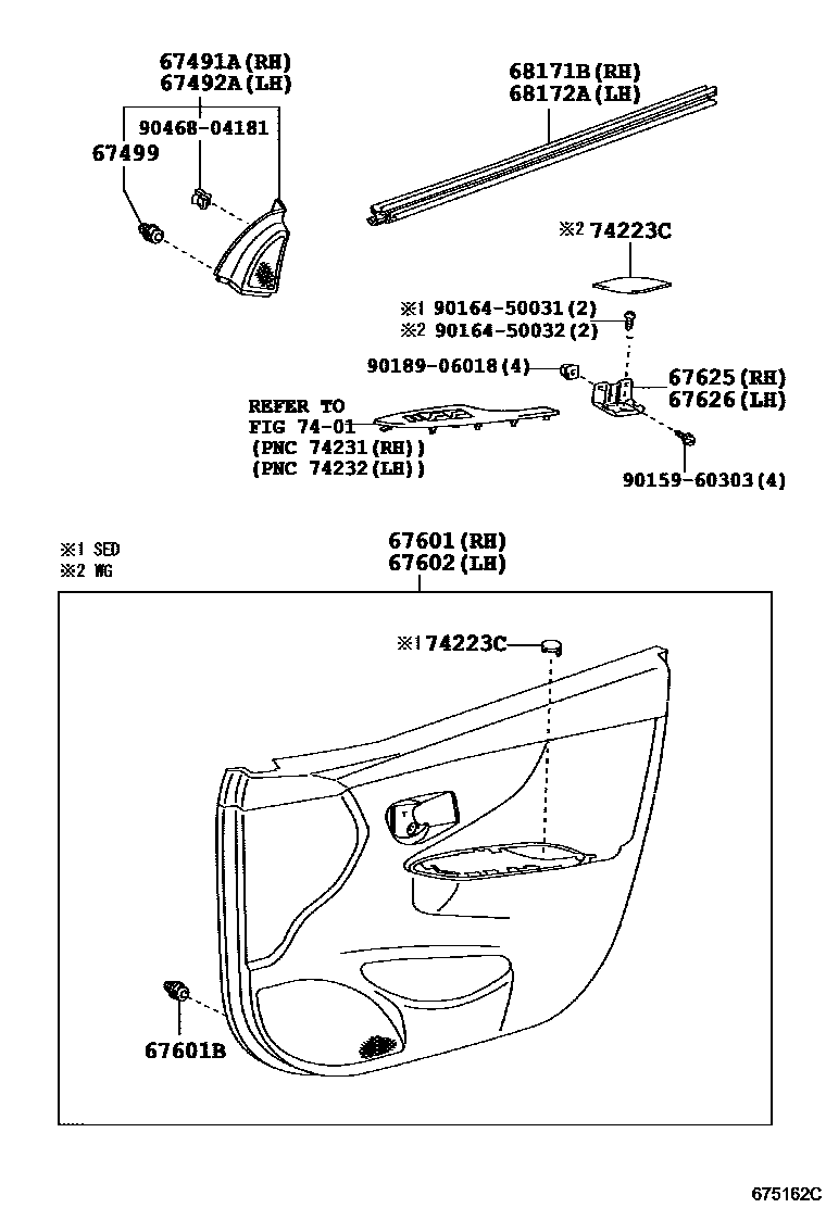 Toyota COROLLA 前门板和前门玻璃 EPC diagram — 675162C