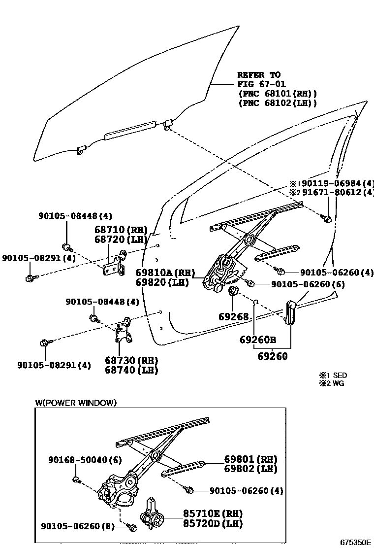 Toyota COROLLA 前门车窗升降器和合页 EPC diagram — 675350E
