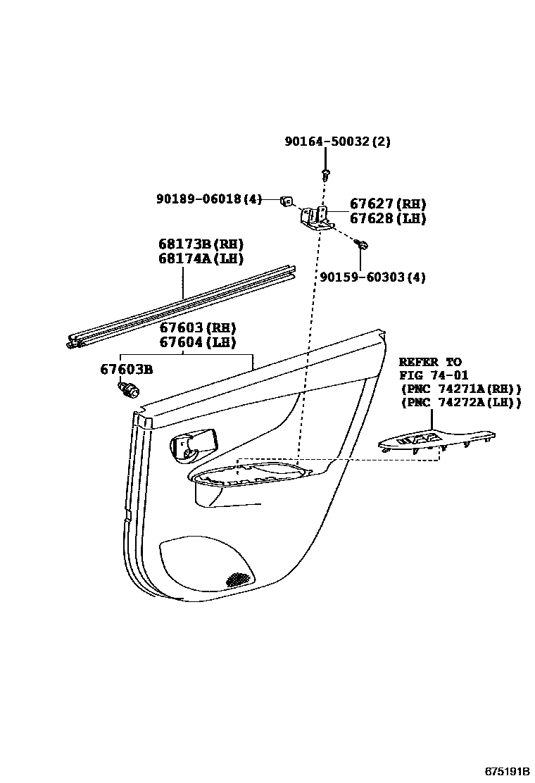 Toyota COROLLA 后门板和后门玻璃 EPC diagram — 675191B