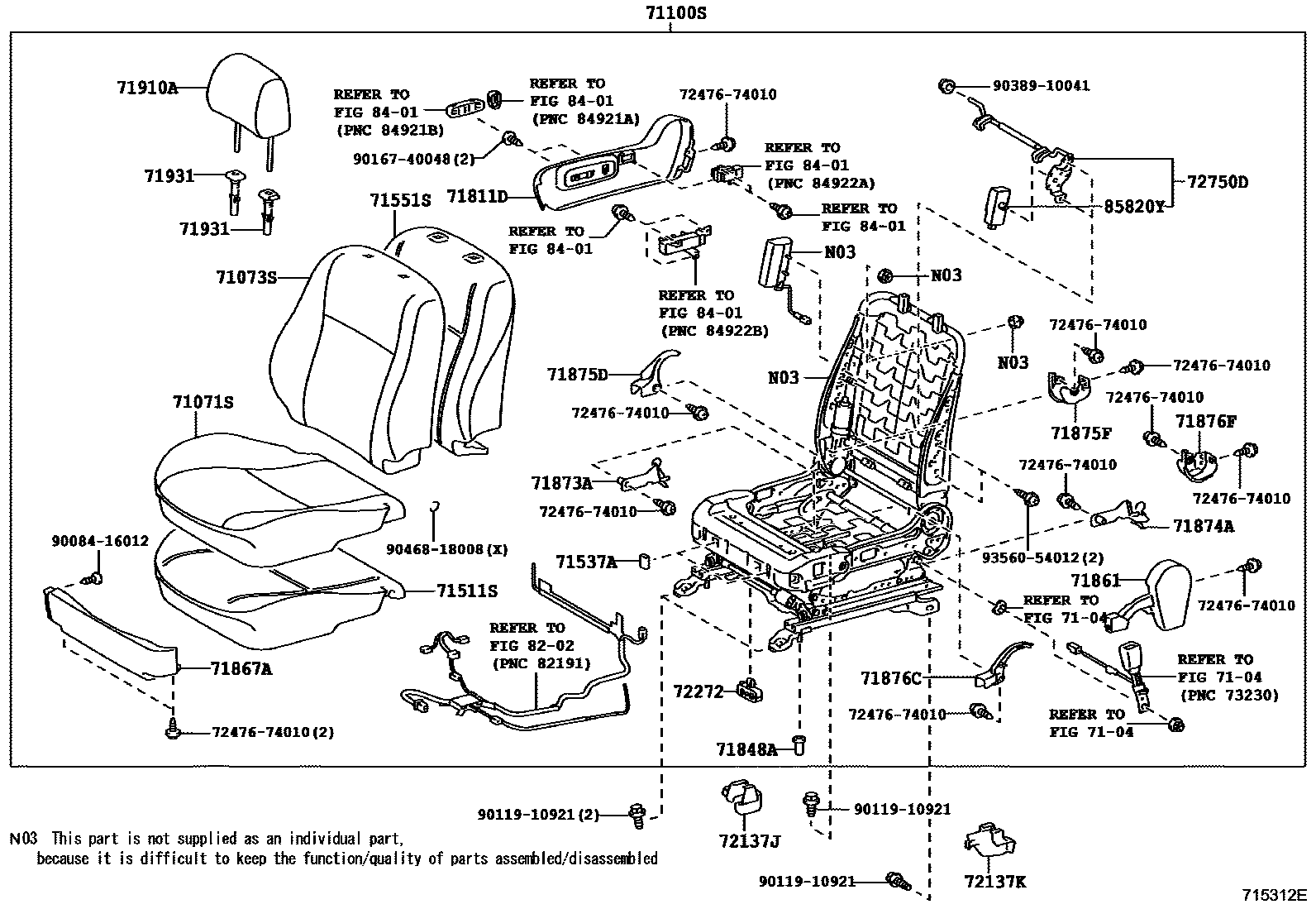 Toyota COROLLA 前排座椅和座椅滑轨 EPC diagram — 715312E