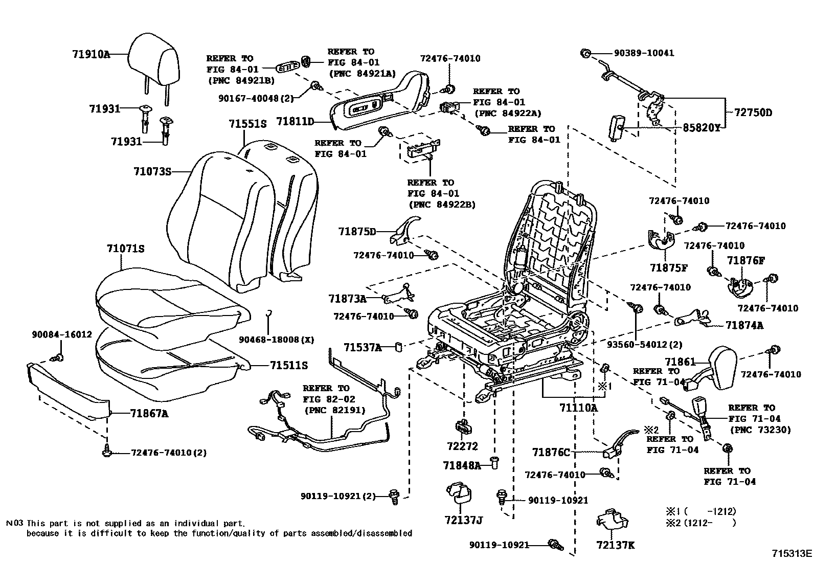 Toyota COROLLA 前排座椅和座椅滑轨 EPC diagram — 715313E