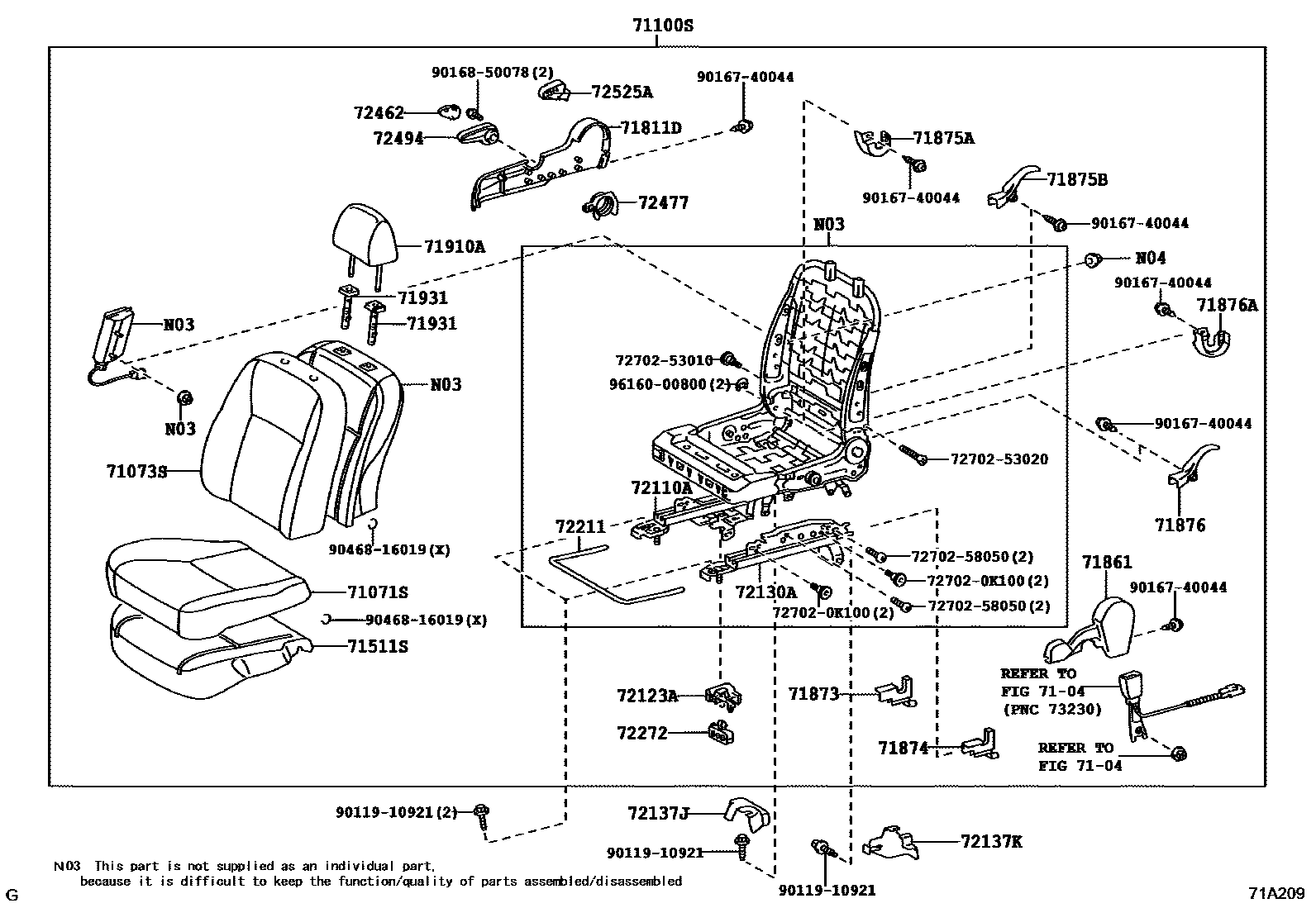 Toyota COROLLA 前排座椅和座椅滑轨 EPC diagram — 71A209