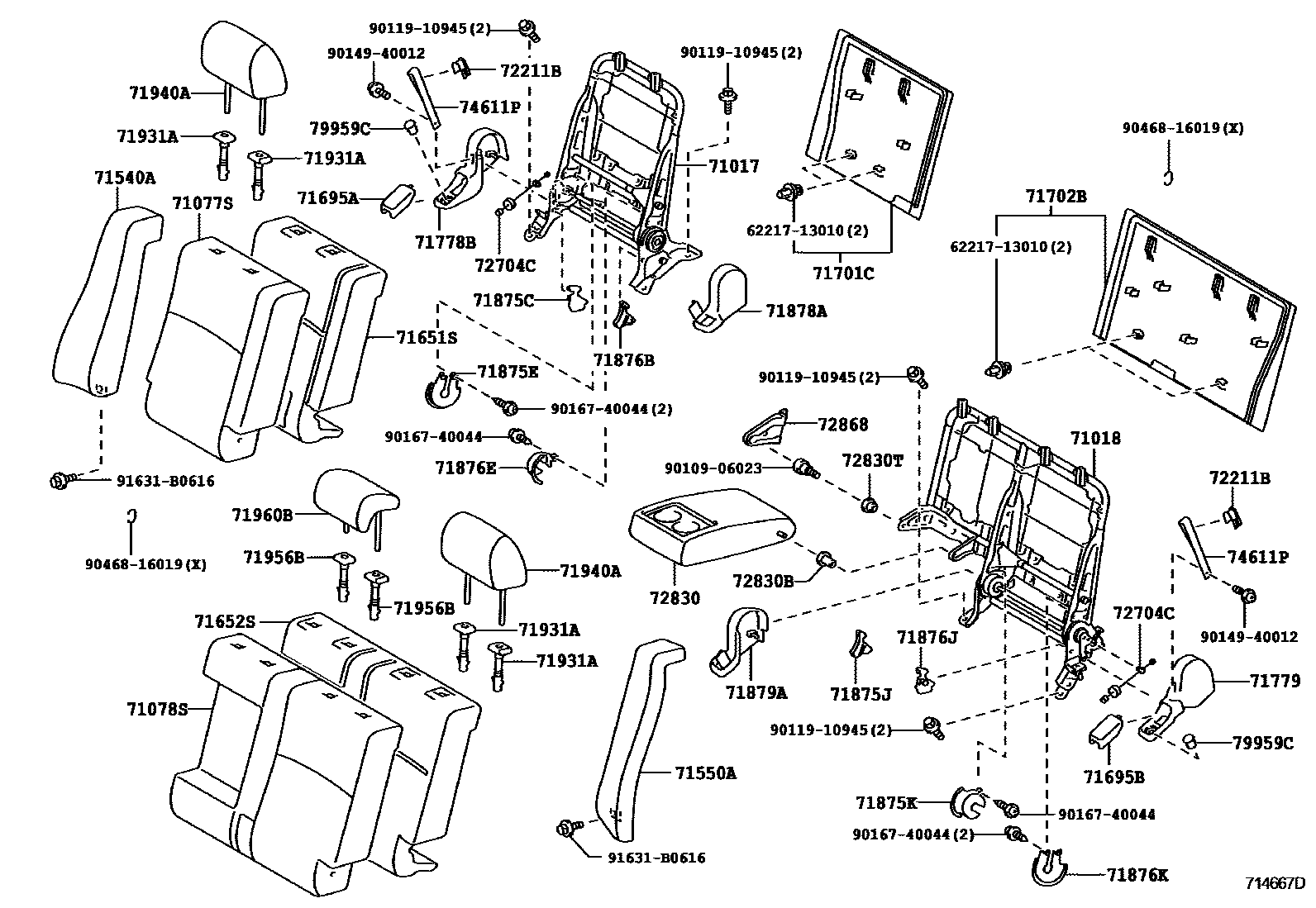 Toyota COROLLA 后排座椅和座椅滑轨 EPC diagram — 714667D