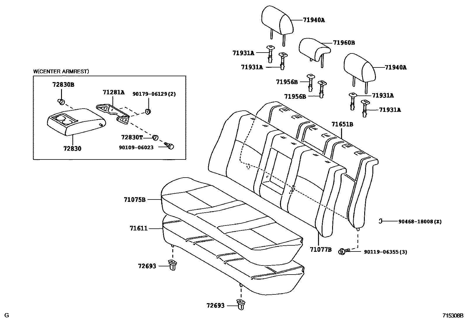 Toyota COROLLA 后排座椅和座椅滑轨 EPC diagram — 715308B