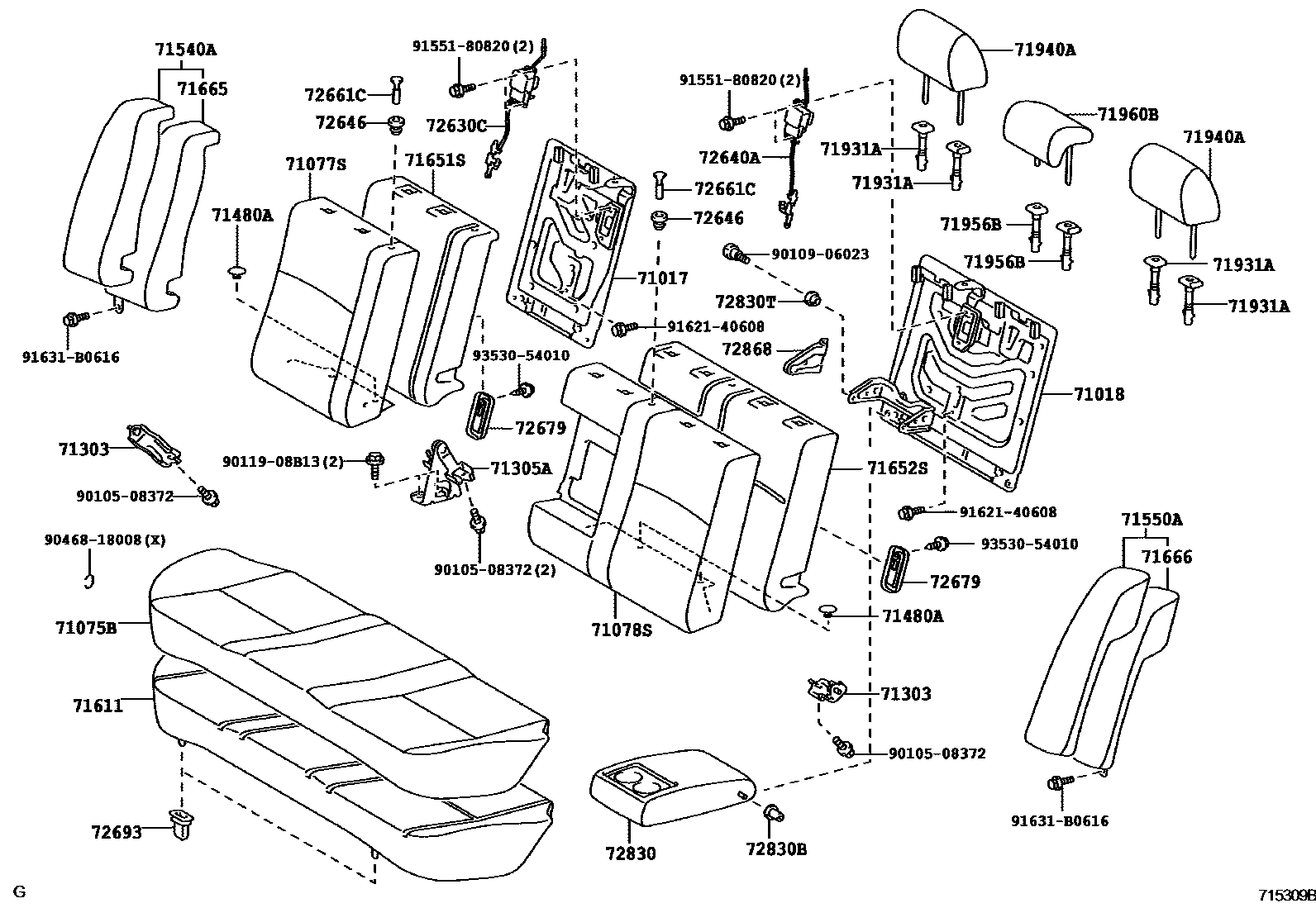 Toyota COROLLA 后排座椅和座椅滑轨 EPC diagram — 715309B