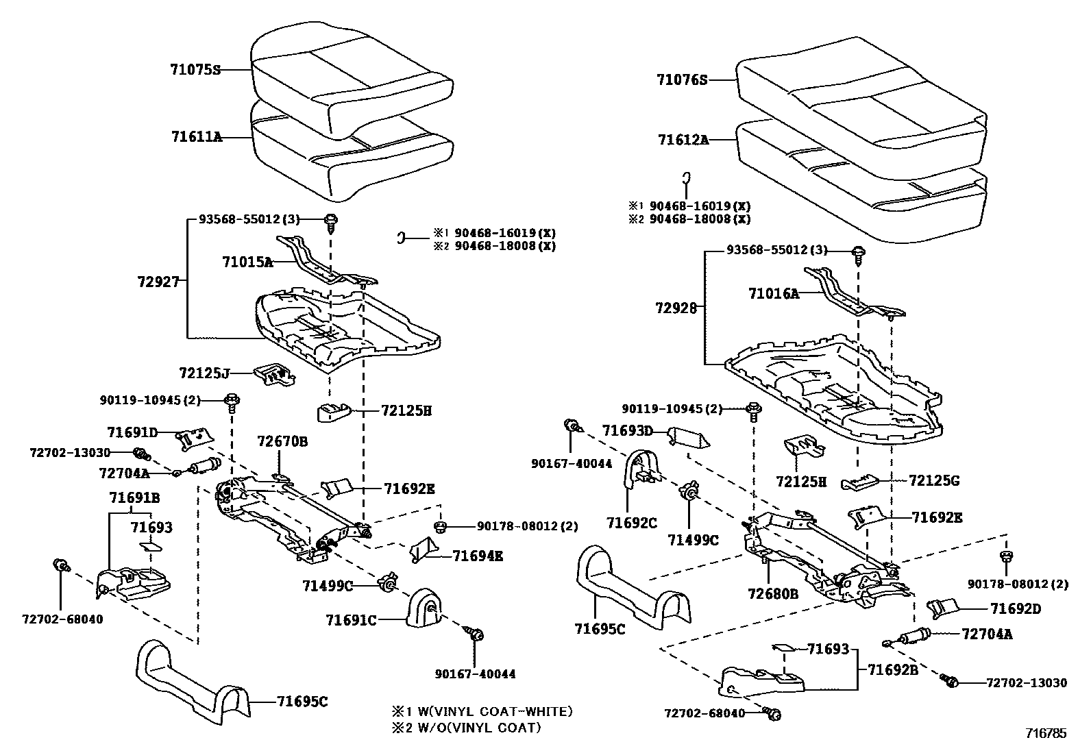 Toyota COROLLA 后排座椅和座椅滑轨 EPC diagram — 716785