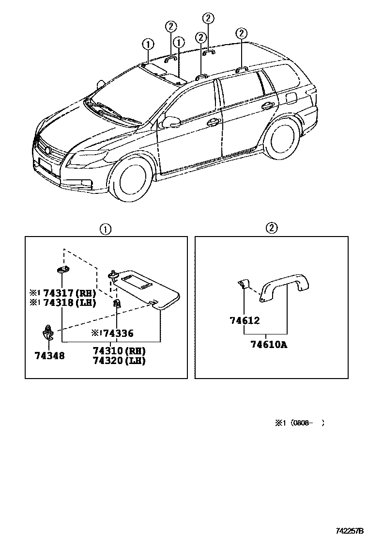 Toyota COROLLA 扶手和遮阳板 EPC diagram — 742257B
