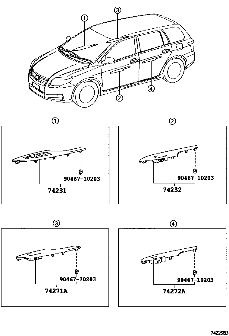 Toyota COROLLA 扶手和遮阳板 EPC diagram — 742258B