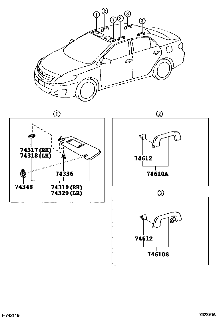 Toyota COROLLA 扶手和遮阳板 EPC diagram — 742370A