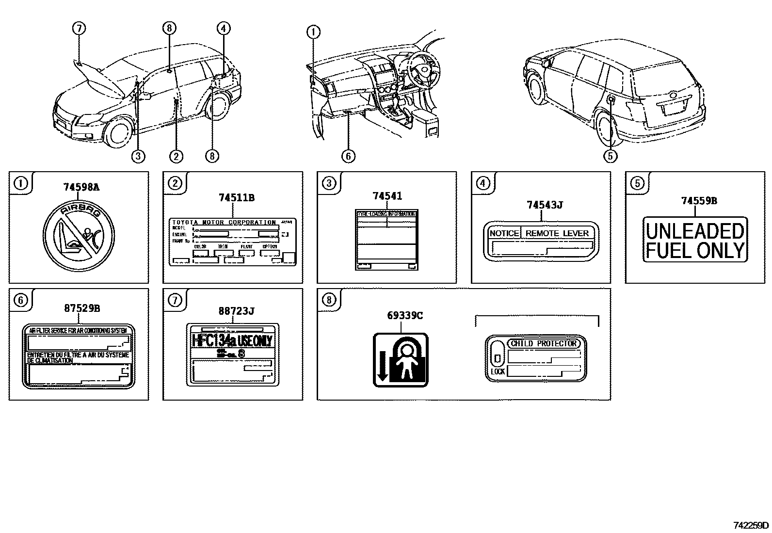 Toyota COROLLA 警示铭牌(车外和车内) EPC diagram — 742259D