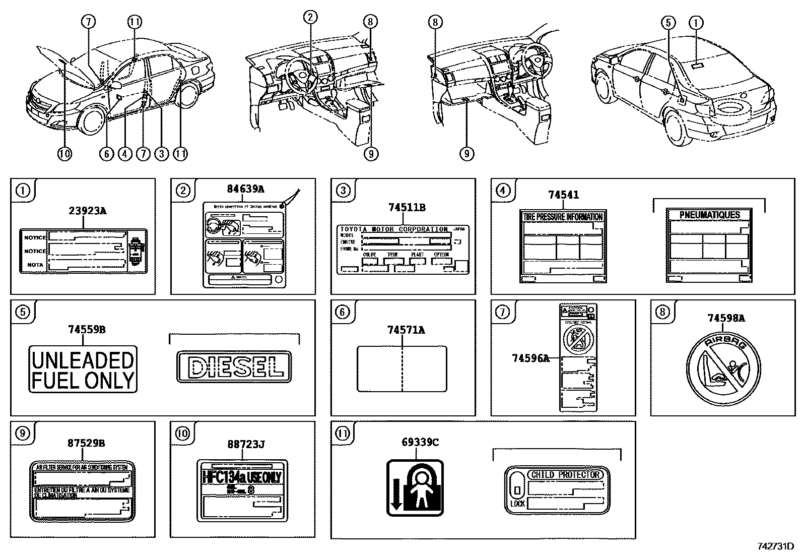 Toyota COROLLA 警示铭牌(车外和车内) EPC diagram — 742371D