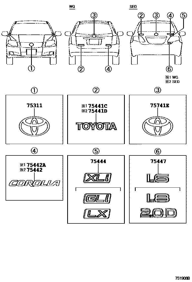 Toyota COROLLA 丰田徽标和铭牌(车外和车内) EPC diagram — 751908B