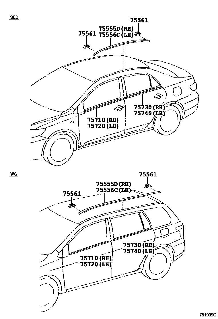 Toyota COROLLA 侧防护条 EPC diagram — 751909C