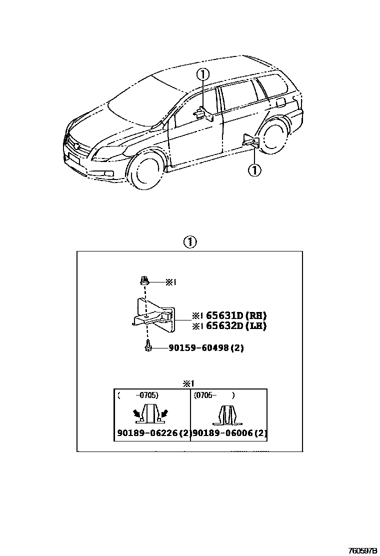 Toyota COROLLA 挡泥板和扰流板 EPC diagram — 760597B