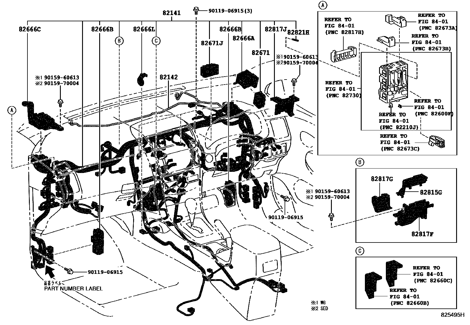 Toyota COROLLA 线束和卡夹 EPC diagram — 825495H