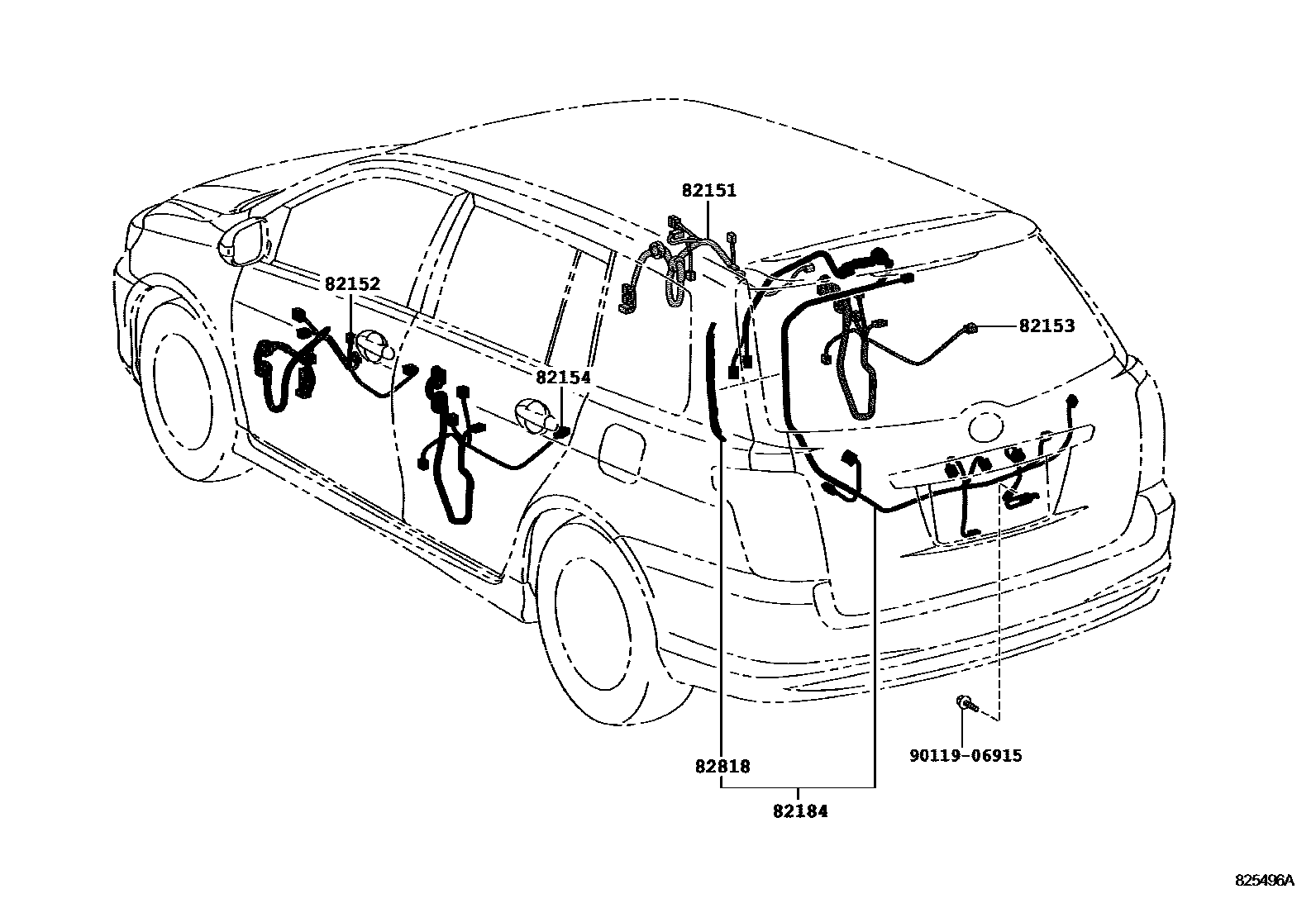 Toyota COROLLA 线束和卡夹 EPC diagram — 825496A