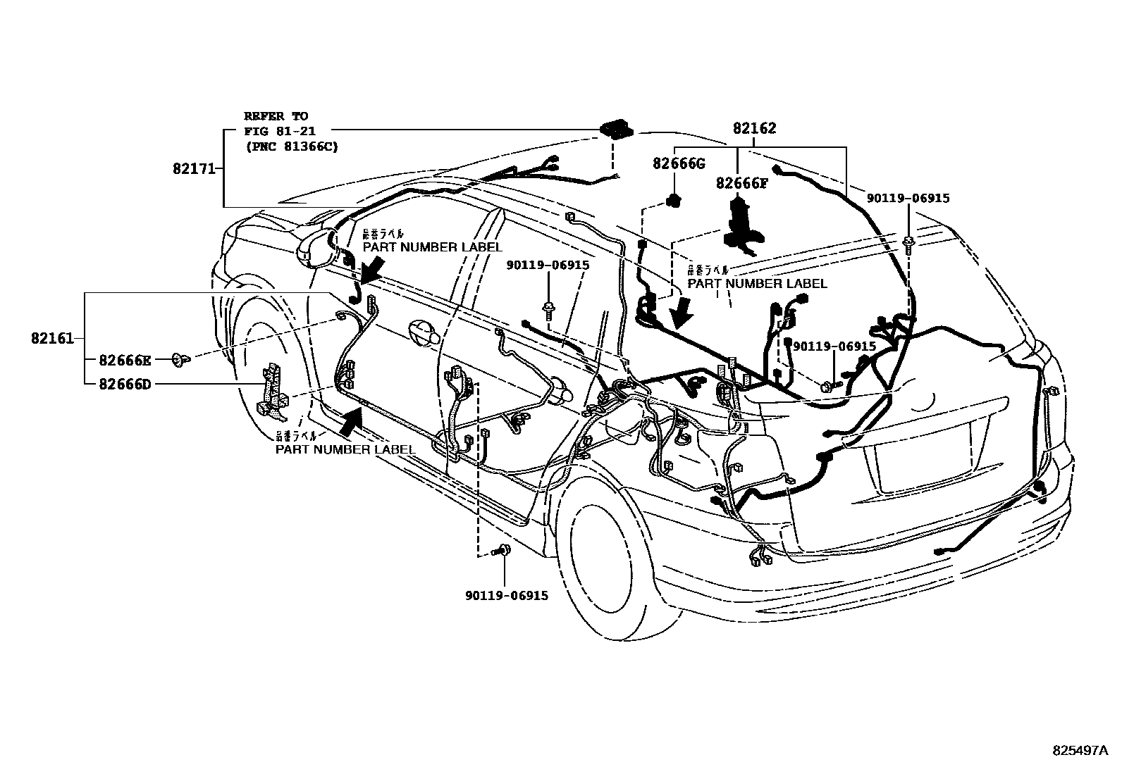 Toyota COROLLA 线束和卡夹 EPC diagram — 825497A