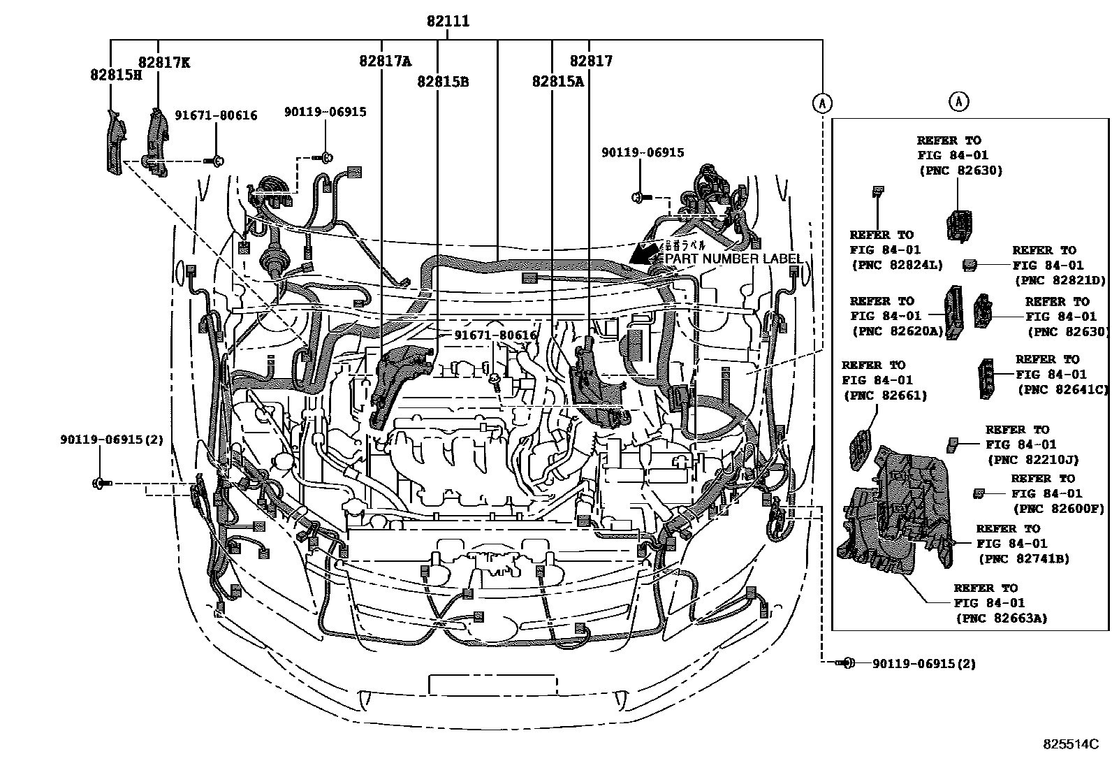 Toyota COROLLA 线束和卡夹 EPC diagram — 825514C