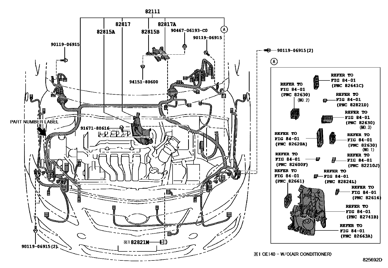 Toyota COROLLA 线束和卡夹 EPC diagram — 825692D