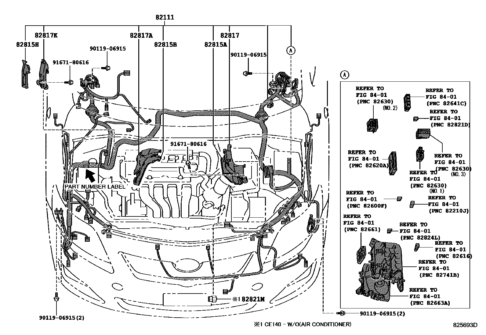 Toyota COROLLA 线束和卡夹 EPC diagram — 825693D