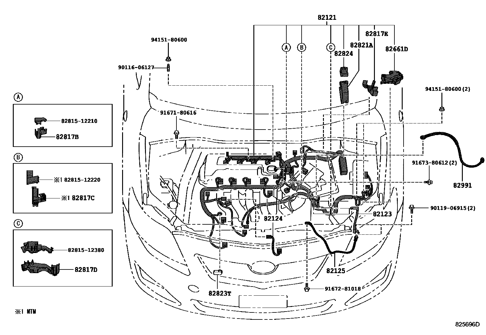 Toyota COROLLA 线束和卡夹 EPC diagram — 825696D