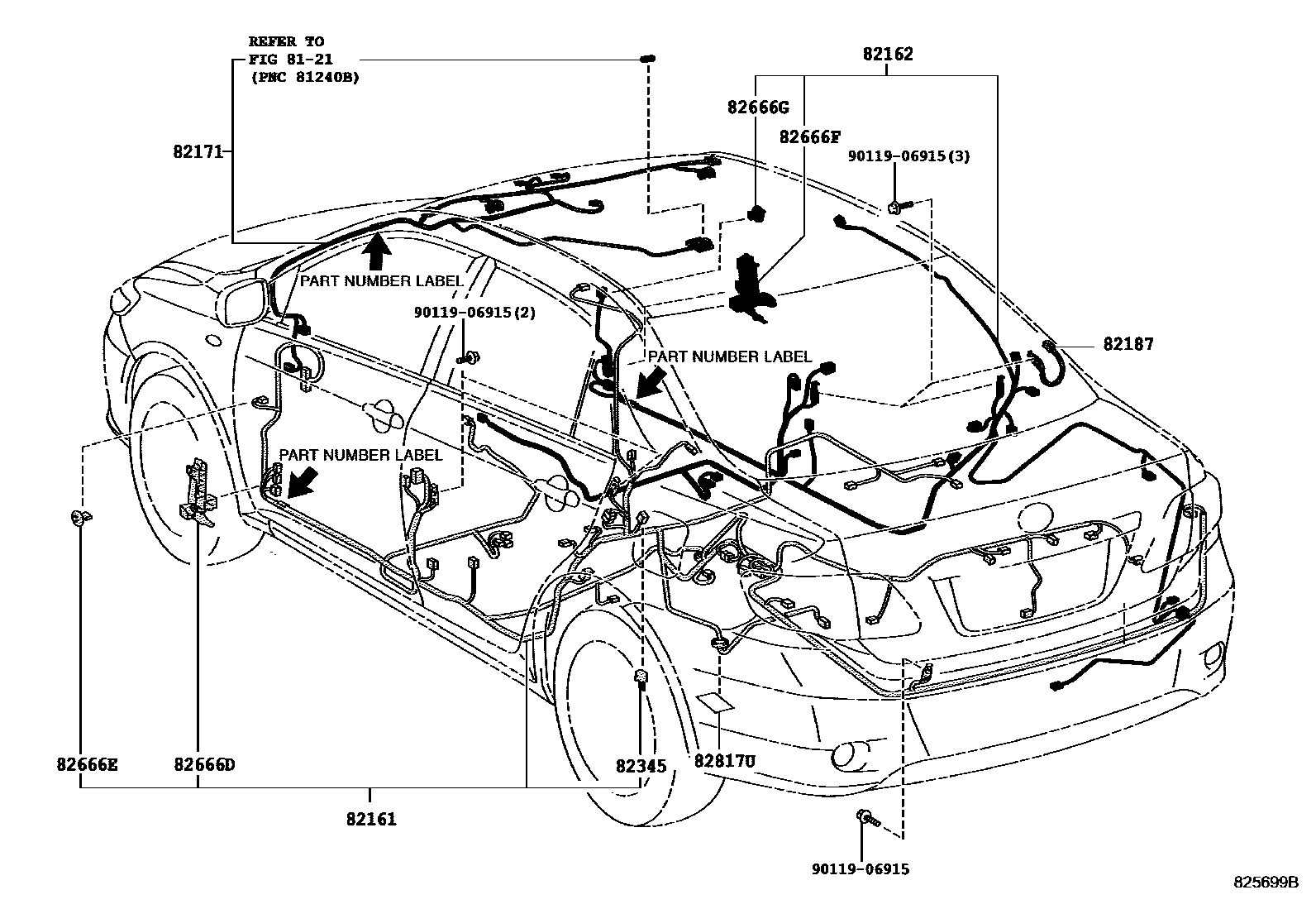 Toyota COROLLA 线束和卡夹 EPC diagram — 825699B