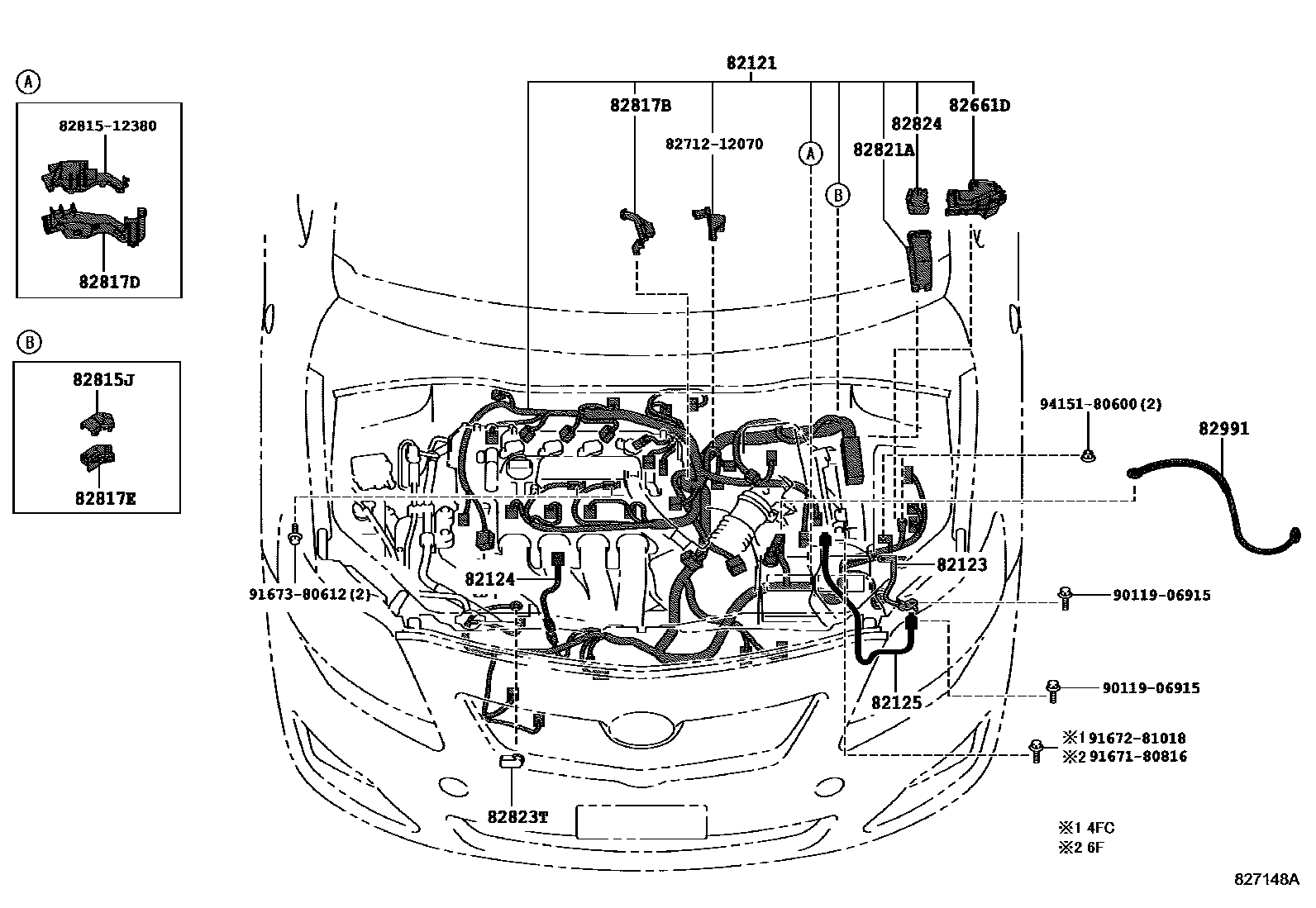 Toyota COROLLA 线束和卡夹 EPC diagram — 827148A