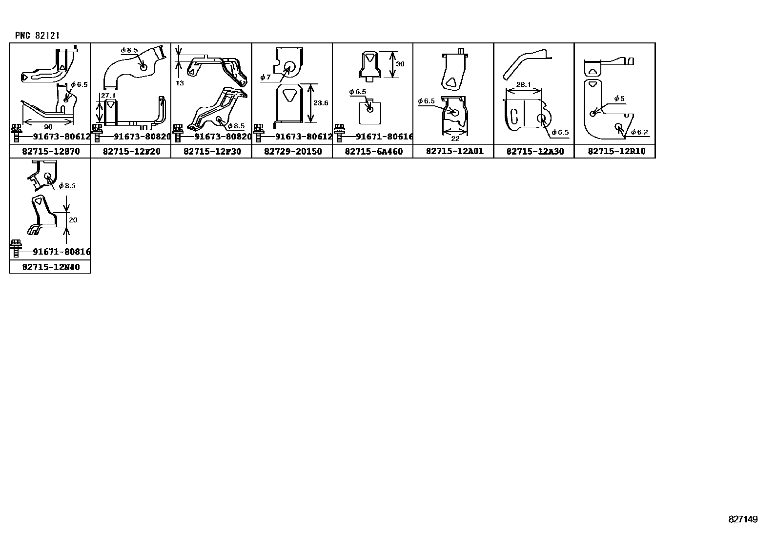 Toyota COROLLA 线束和卡夹 EPC diagram — 827149