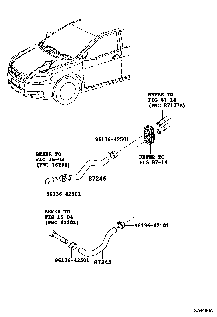 Toyota COROLLA 暖风和空调系统 - 水管 EPC diagram — 87B496A