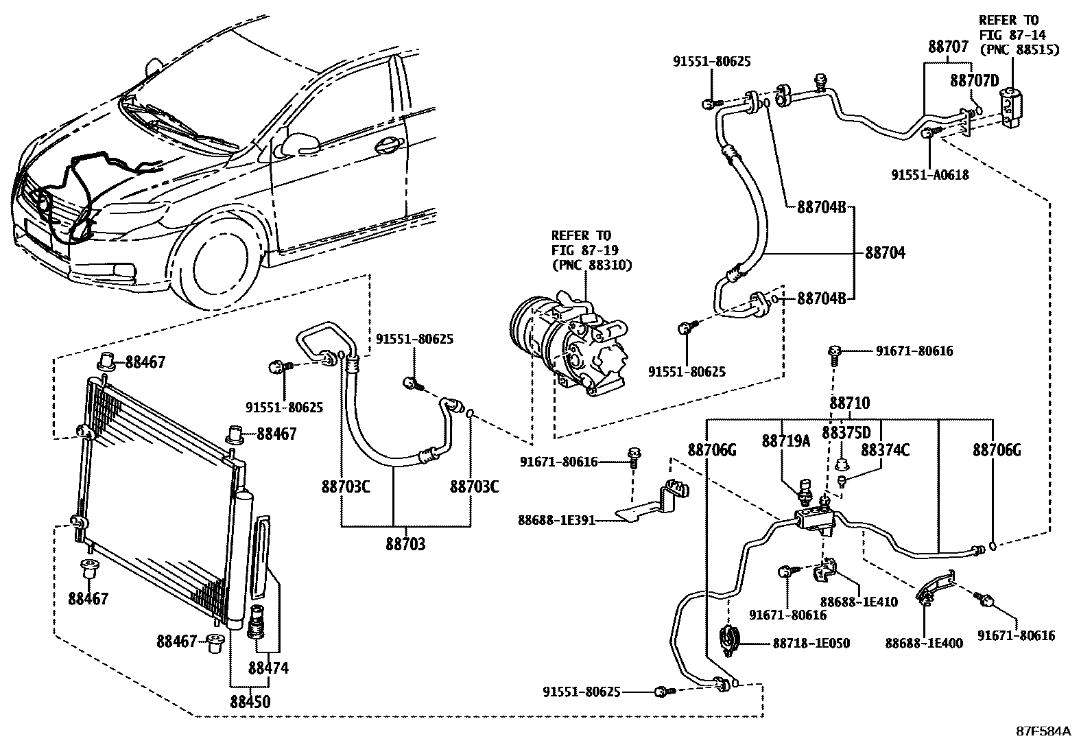 Toyota COROLLA Heating & Air Conditioning - Cooler Piping EPC diagram — 87F584A