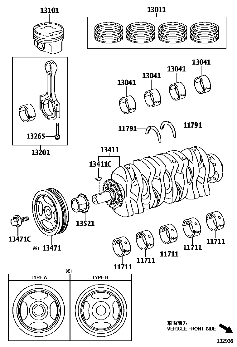 Toyota COROLLA Crankshaft & Piston EPC diagram — 132936