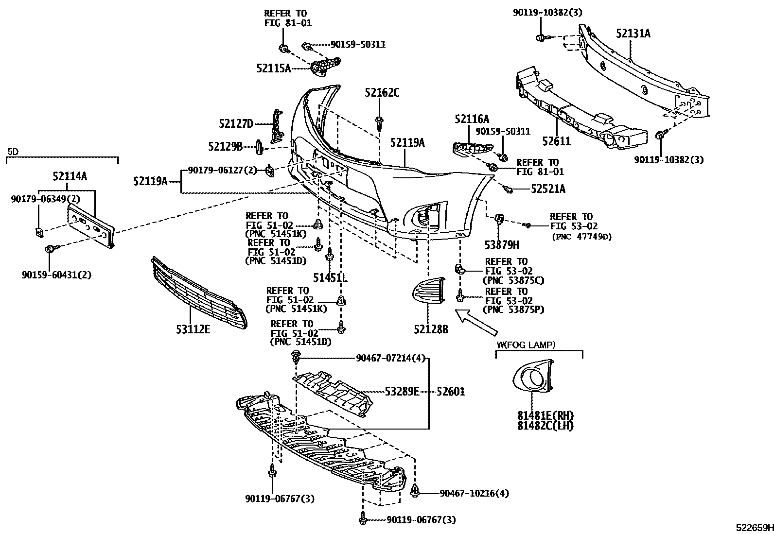 Toyota COROLLA 前保险杠及附件 EPC diagram — 522659H