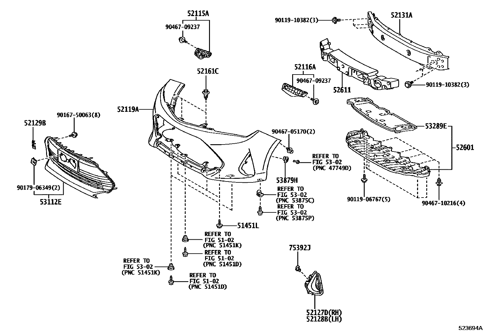 Toyota COROLLA 前保险杠及附件 EPC diagram — 523694A