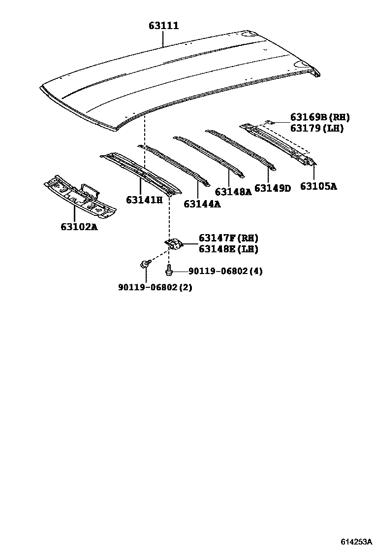 Toyota COROLLA 天窗板和背窗玻璃 EPC diagram — 614253A