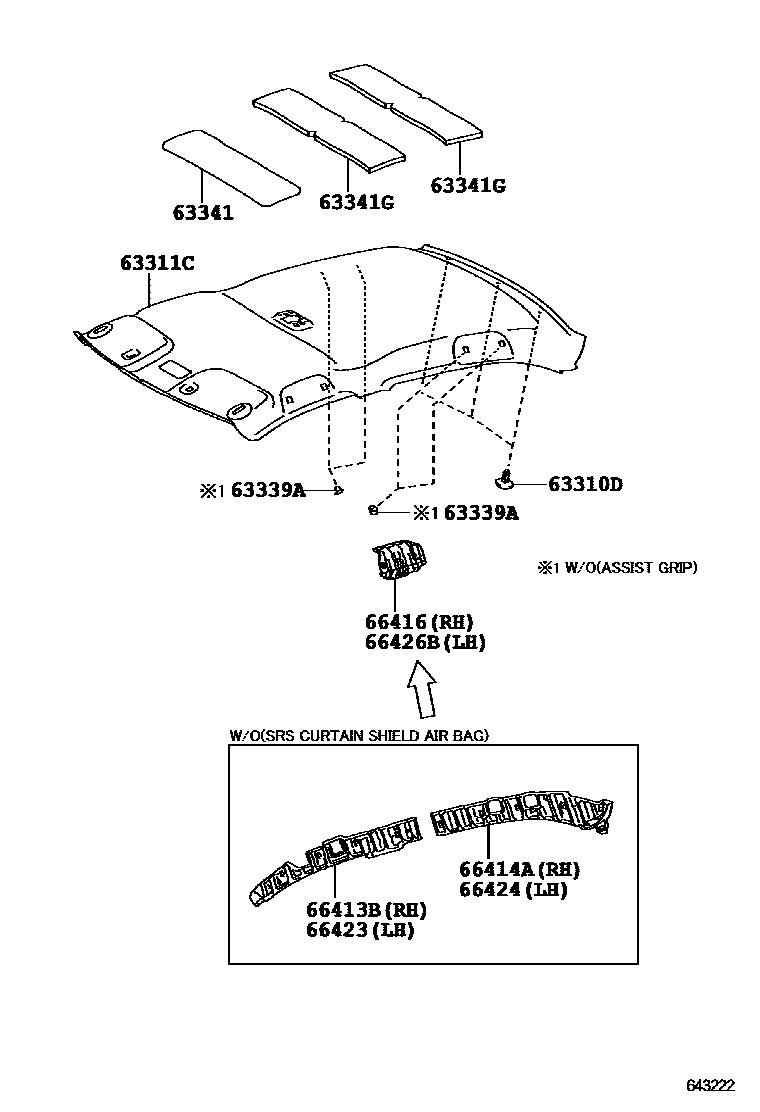 Toyota COROLLA 车顶内衬和消声垫 EPC diagram — 643222