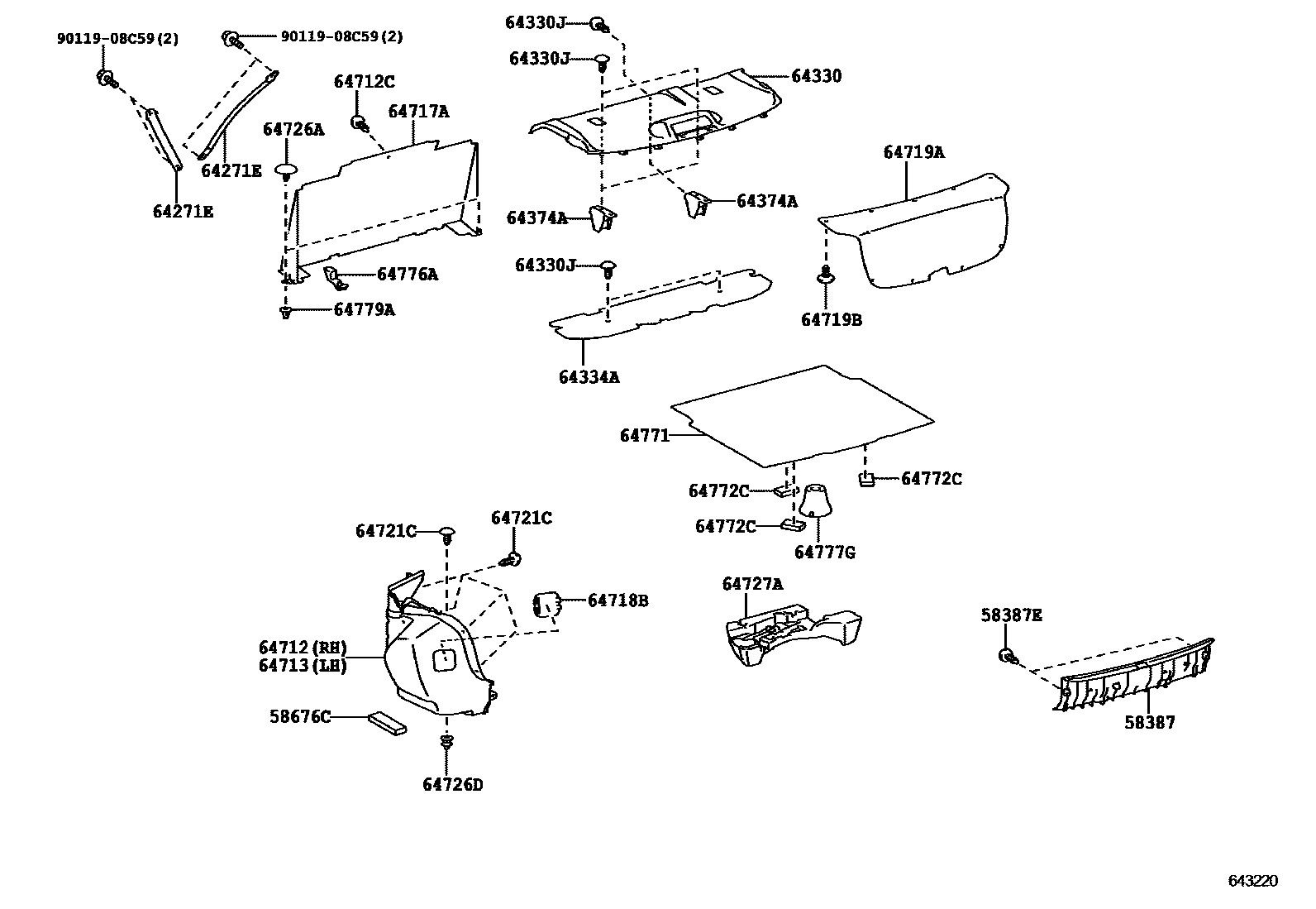 Toyota COROLLA 杂物箱板和行李箱垫 EPC diagram — 643220