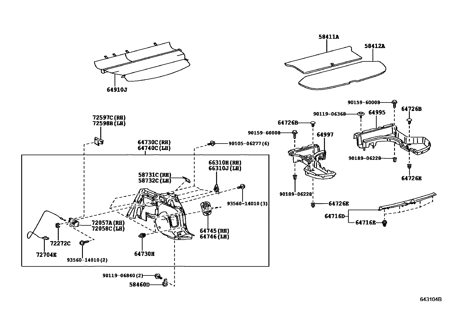 Toyota COROLLA 底板和底板装饰罩 EPC diagram — 643104B