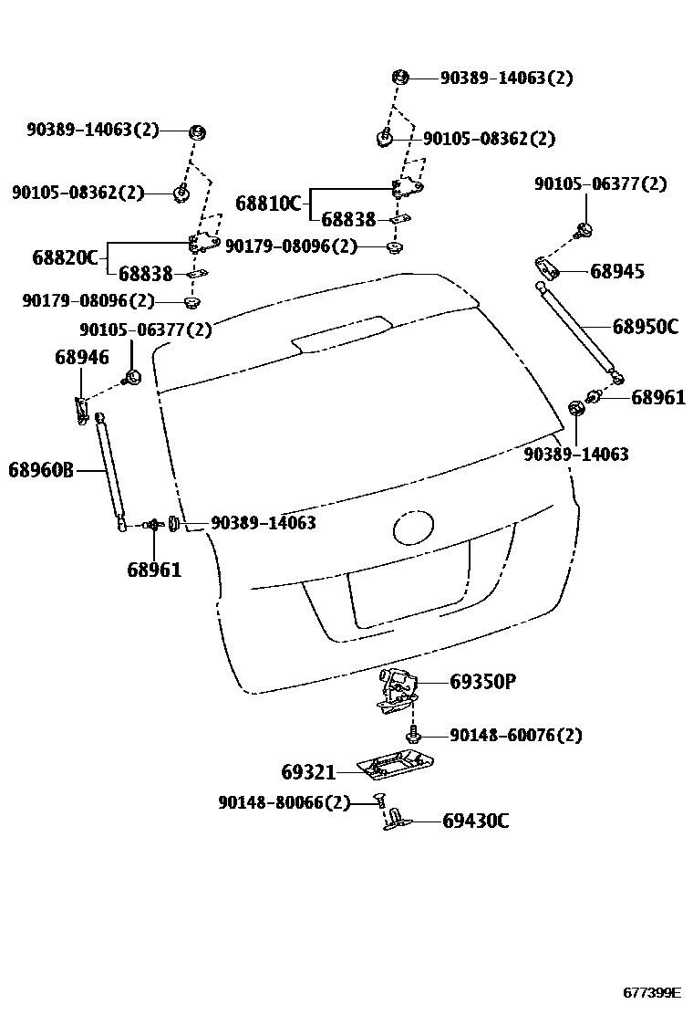 Toyota COROLLA 背门锁和背门把手 EPC diagram — 677399E