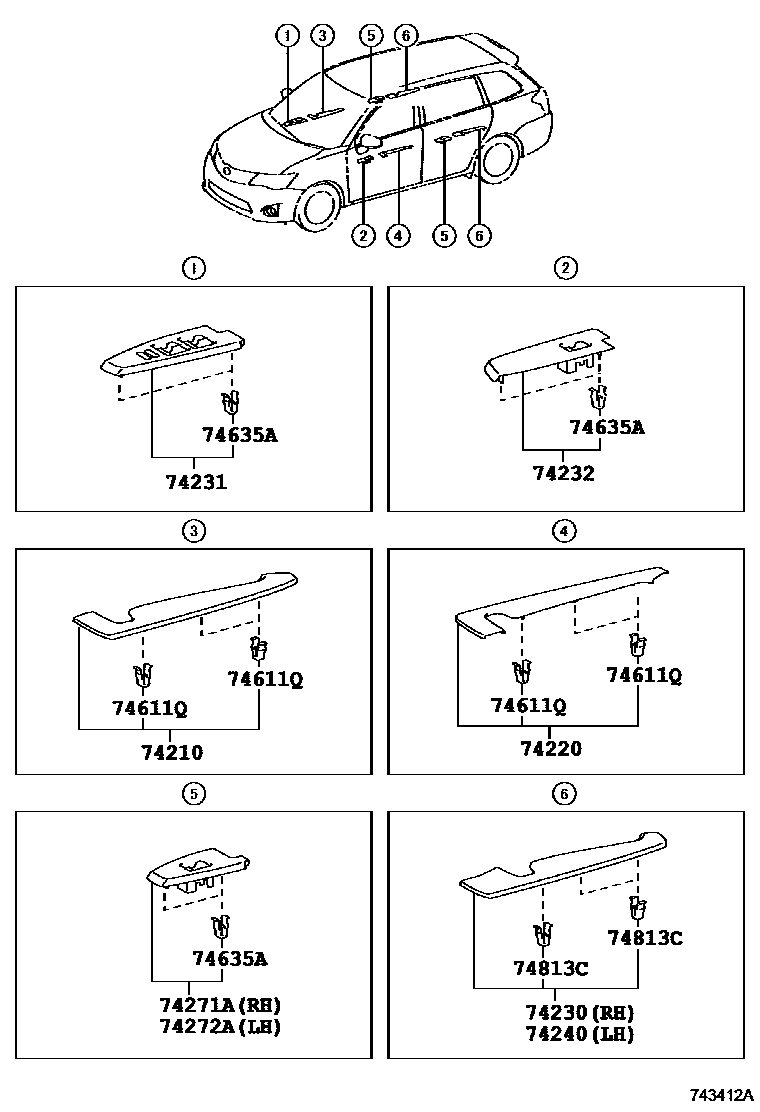 Toyota COROLLA 扶手和遮阳板 EPC diagram — 743412A
