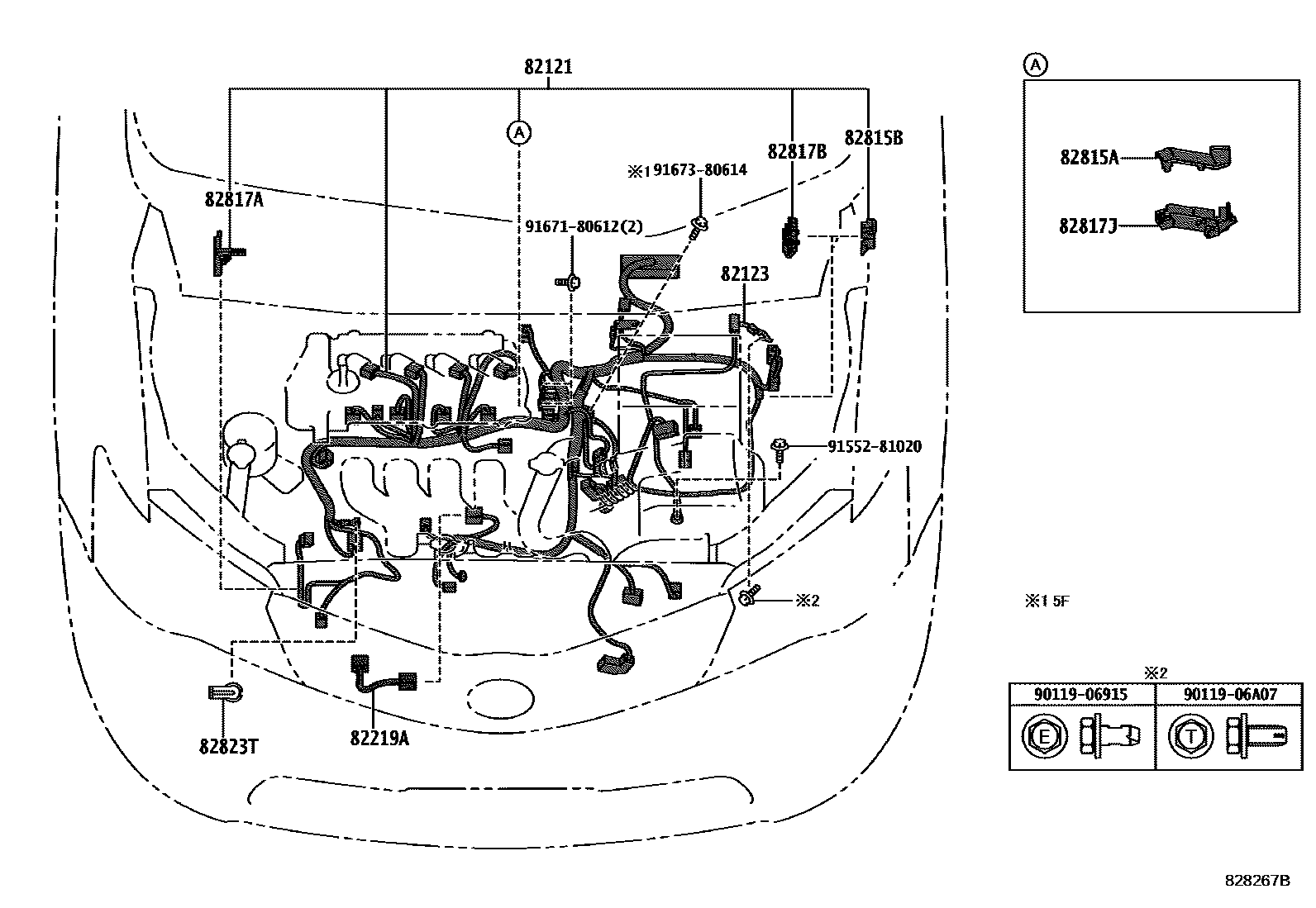Toyota COROLLA 线束和卡夹 EPC diagram — 828267B