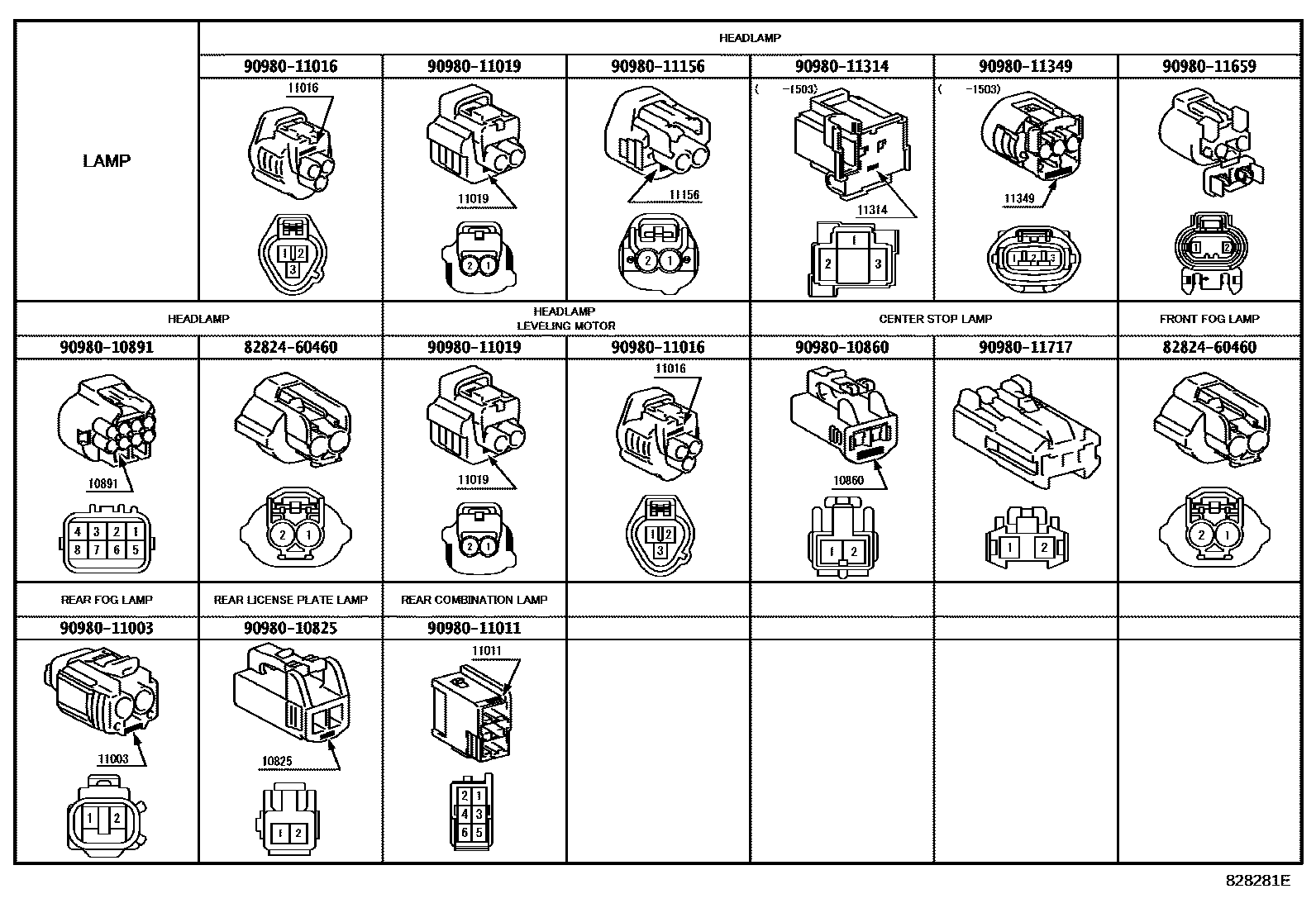 Toyota COROLLA 线束和卡夹 EPC diagram — 828281E