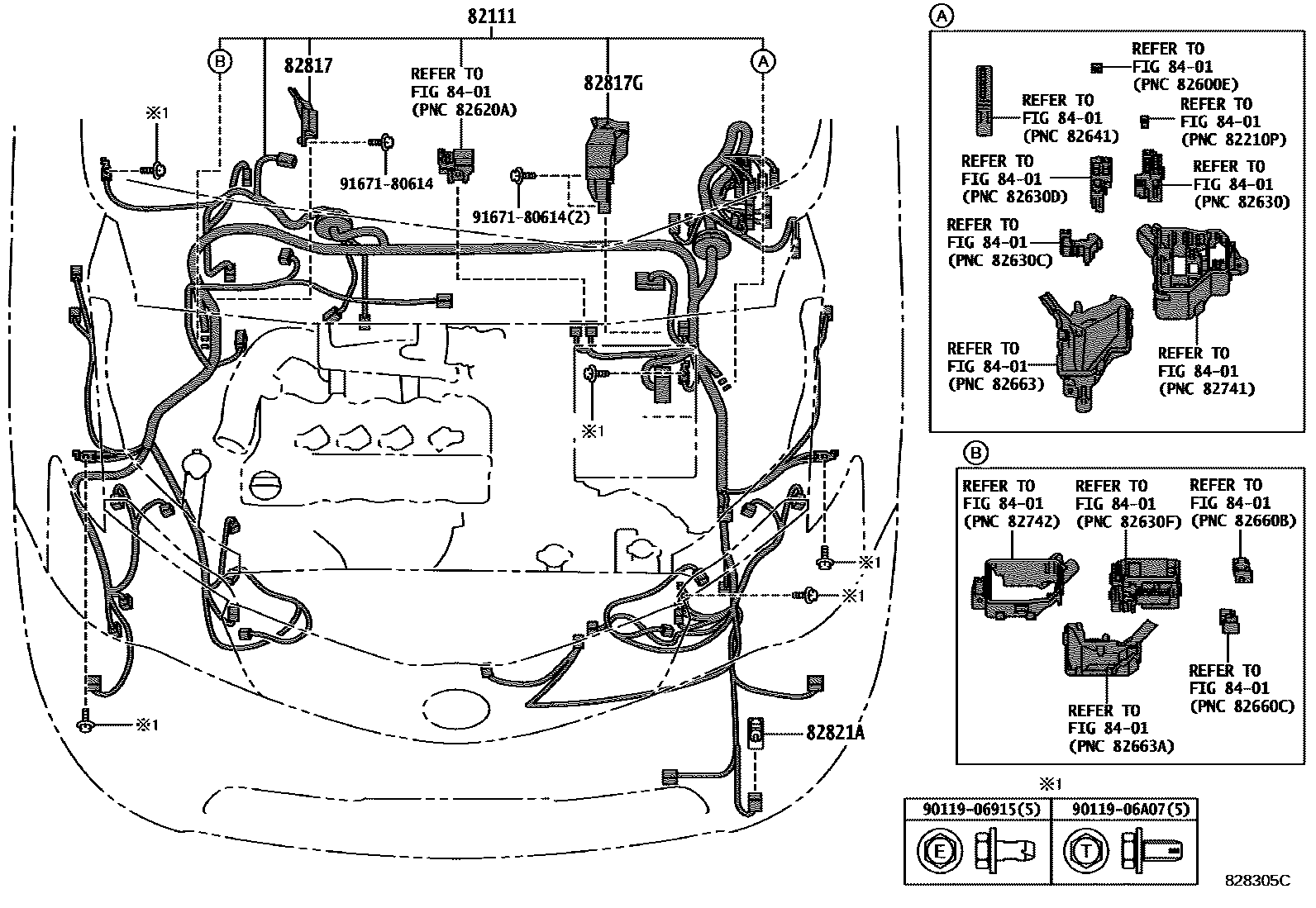 Toyota COROLLA 线束和卡夹 EPC diagram — 828305C