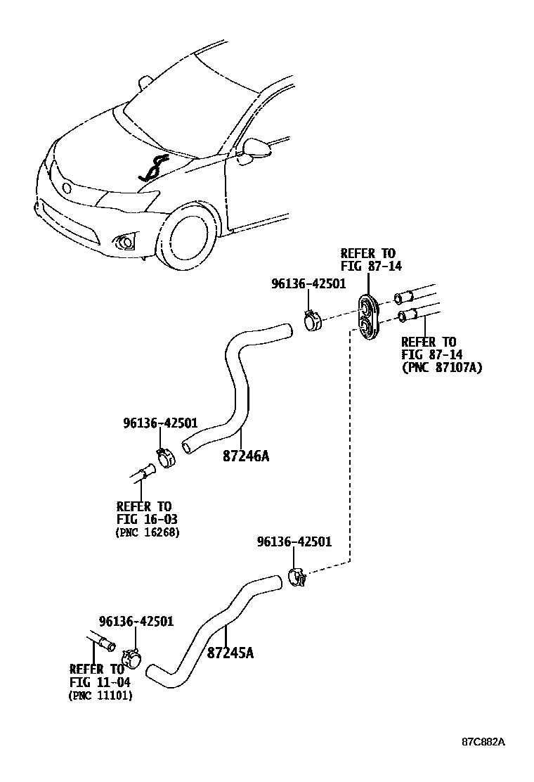Toyota COROLLA 暖风和空调系统 - 水管 EPC diagram — 87C882A