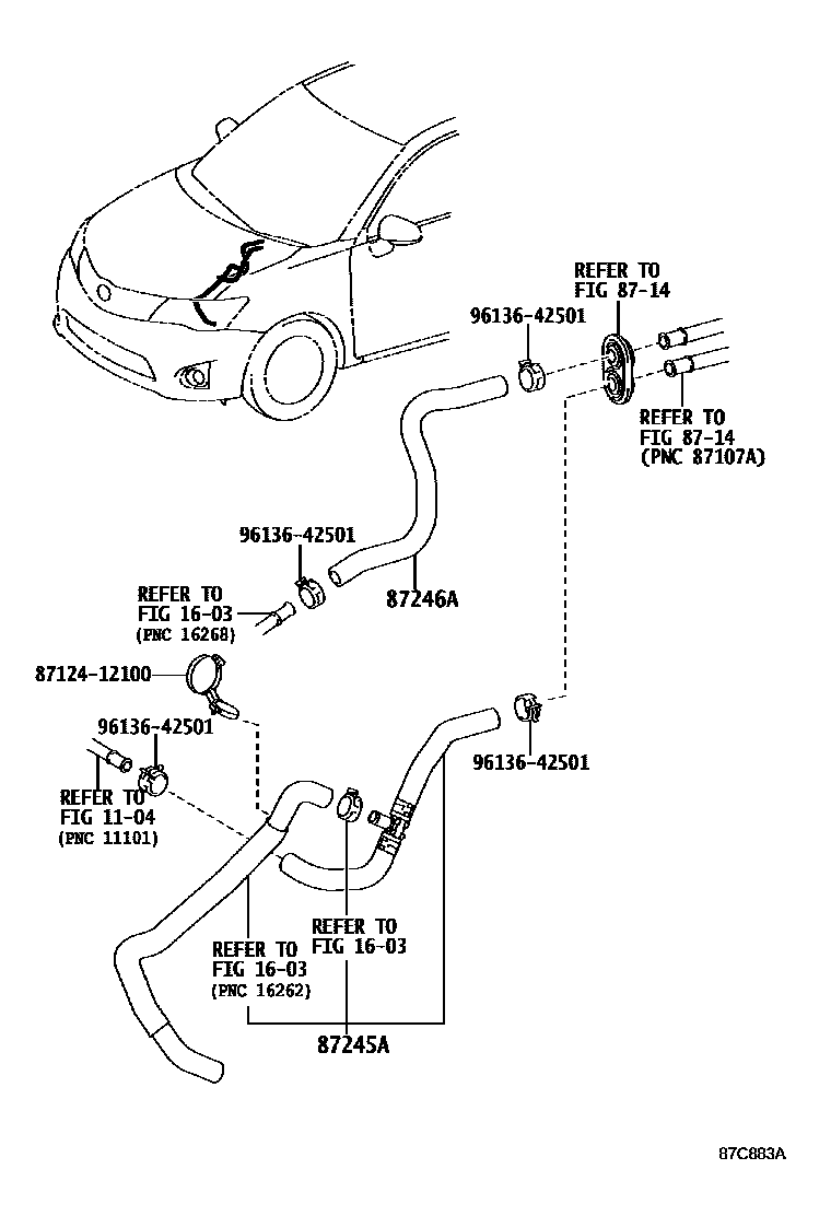 Toyota COROLLA 暖风和空调系统 - 水管 EPC diagram — 87C883A